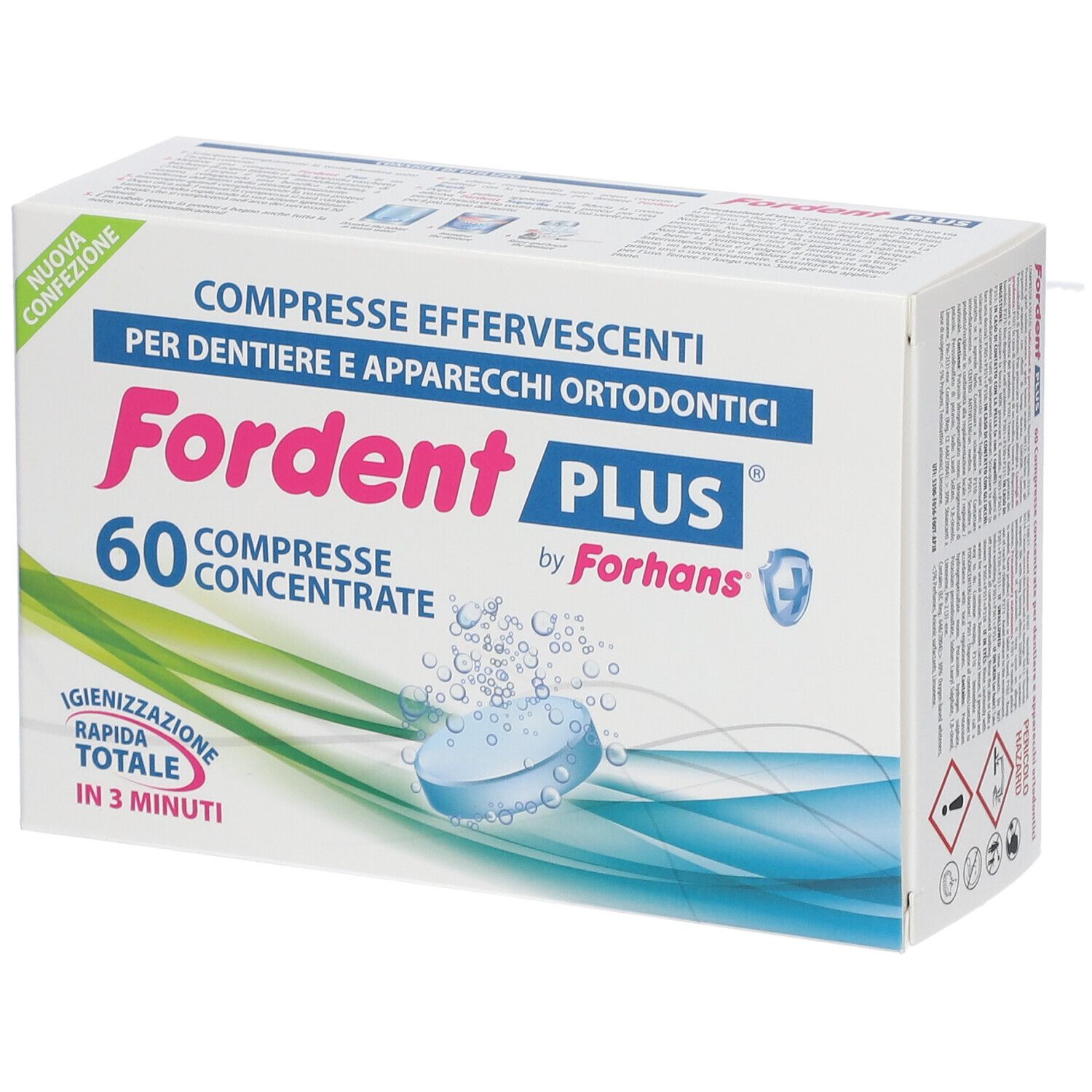 Fordent Plus, 60 compresse concentrate. Scatola bianca con nome del prodotto e grafica blu. Scritta: 'COMPRESSE EFFERVESCENTI'.