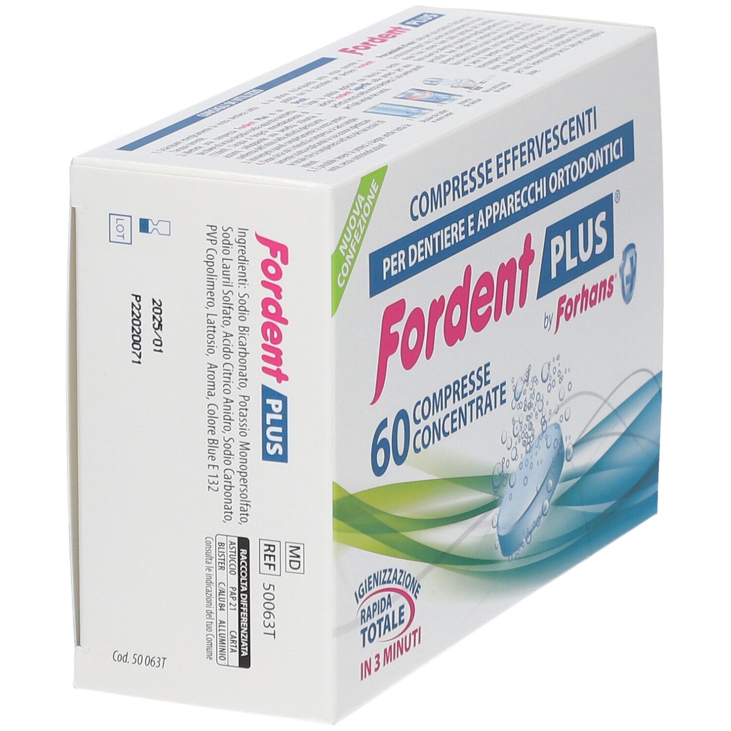Fordent Plus, 60 compresse concentrate. Scatola bianca con nome del prodotto e grafica blu. Ingredienti e avvertenze sul lato.