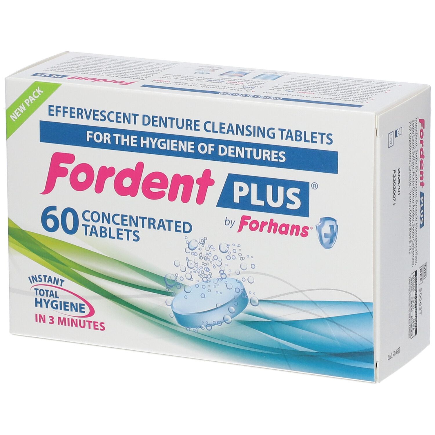 Fordent Plus, 60 compresse. Scatola bianca con nome del prodotto e grafica blu. Scritta: 'EFFERVESCENT DENTURE CLEANSING TABLETS'.