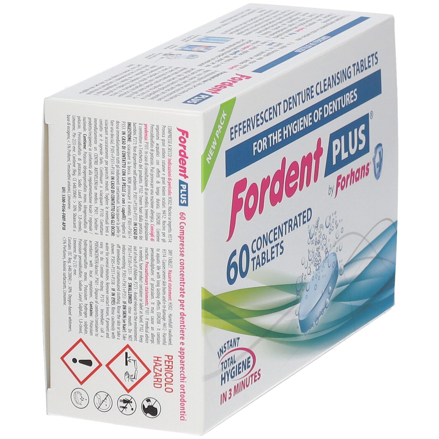 Fordent Plus, 60 compresse. Scatola bianca con nome del prodotto e grafica blu. Avvertenze e ingredienti sul lato.