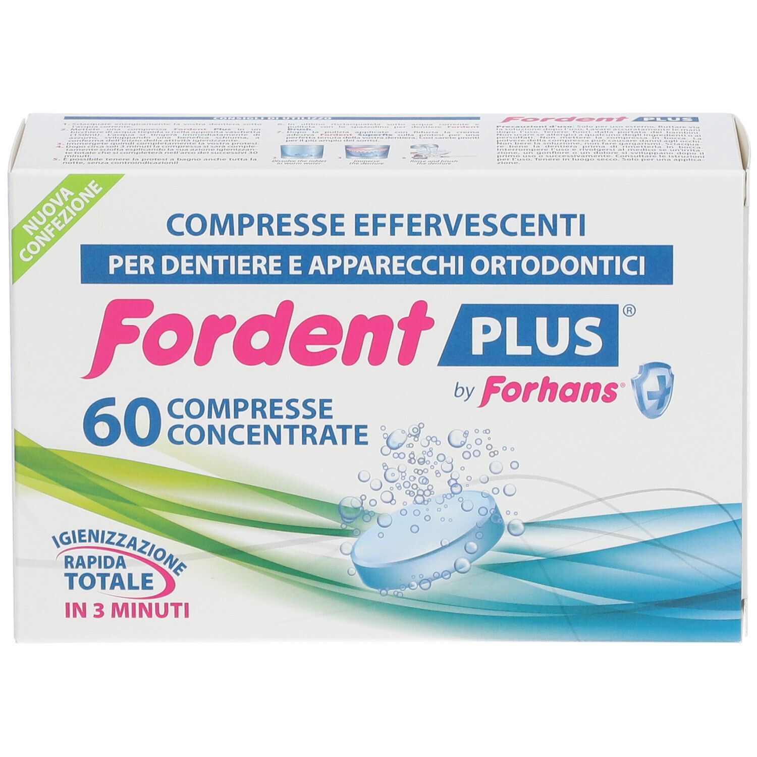 Fordent Plus, 60 compresse concentrate. Scatola bianca con nome del prodotto e grafica blu. Scritta: 'COMPRESSE EFFERVESCENTI'.