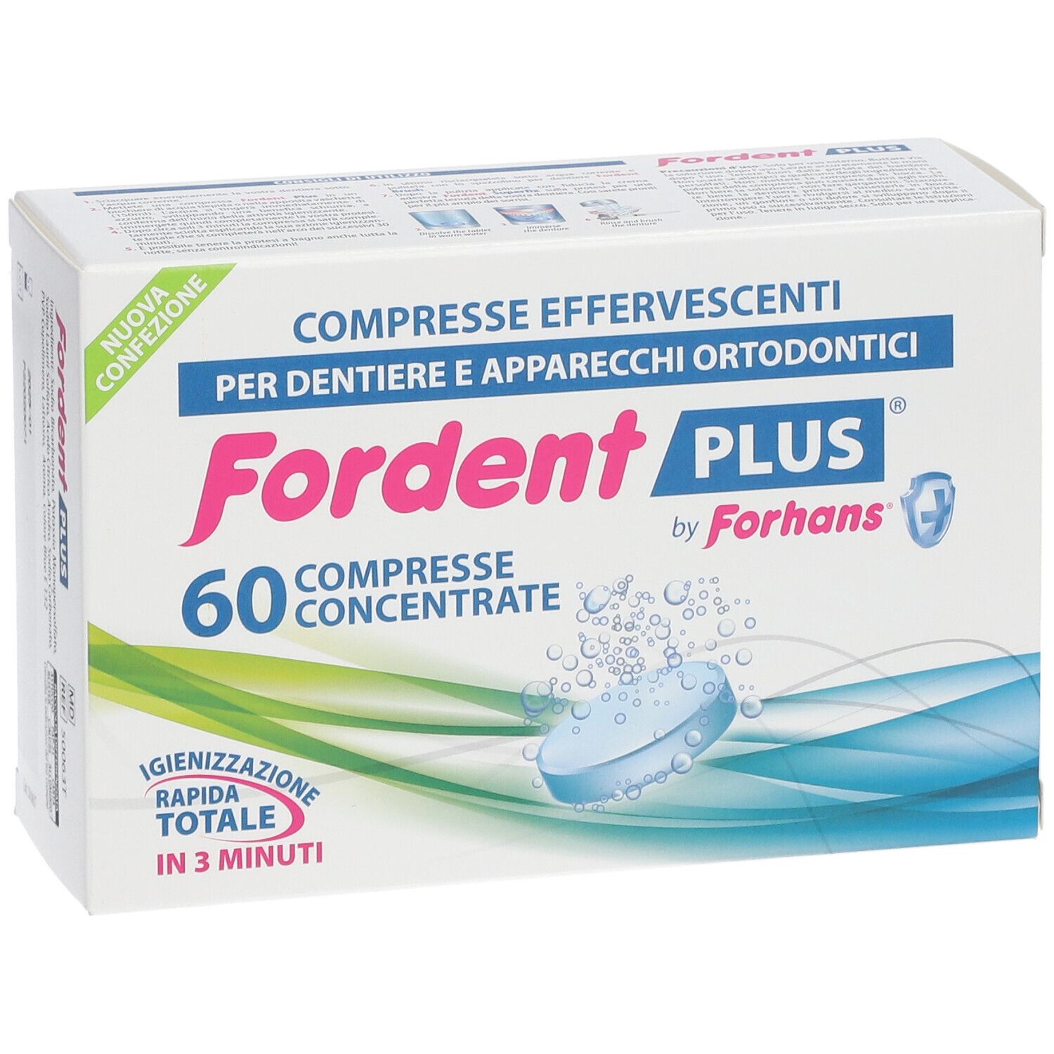 Fordent Plus, 60 compresse concentrate. Scatola bianca con nome del prodotto e grafica blu. Scritta: 'COMPRESSE EFFERVESCENTI'.