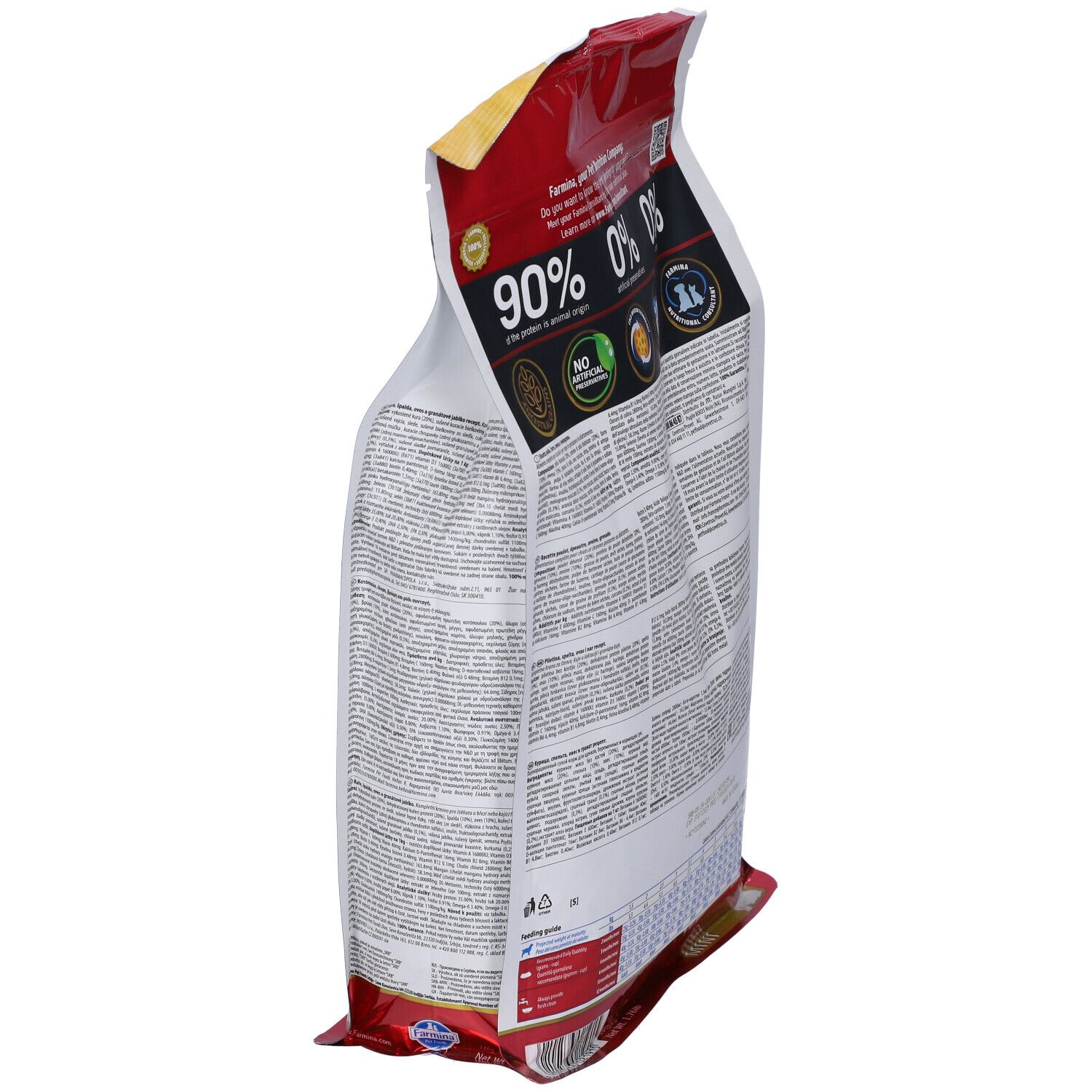 Seitenansicht der Rückseite des Trockenfutterbeutels Farmina N&D Low Ancestral Grain. Aufdruck: 90% tierische Zutaten, keine Konservierungsstoffe.