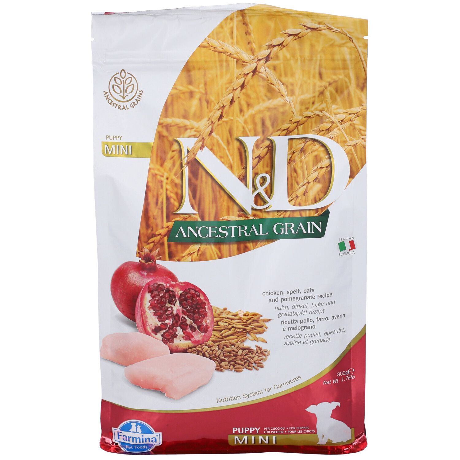 Trockenfutterbeutel Farmina N&D Low Ancestral Grain. Aufdruck: N&D, Ancestral Grain, Mini, Huhn, Dinkel, Hafer, Granatapfel. Abbildung von Granatapfel.