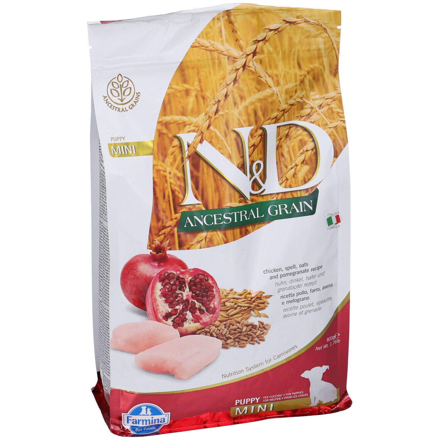 Trockenfutterbeutel Farmina N&D Low Ancestral Grain. Aufdruck: N&D, Ancestral Grain, Mini, Huhn, Dinkel, Hafer, Granatapfel. Abbildung von Granatapfel.