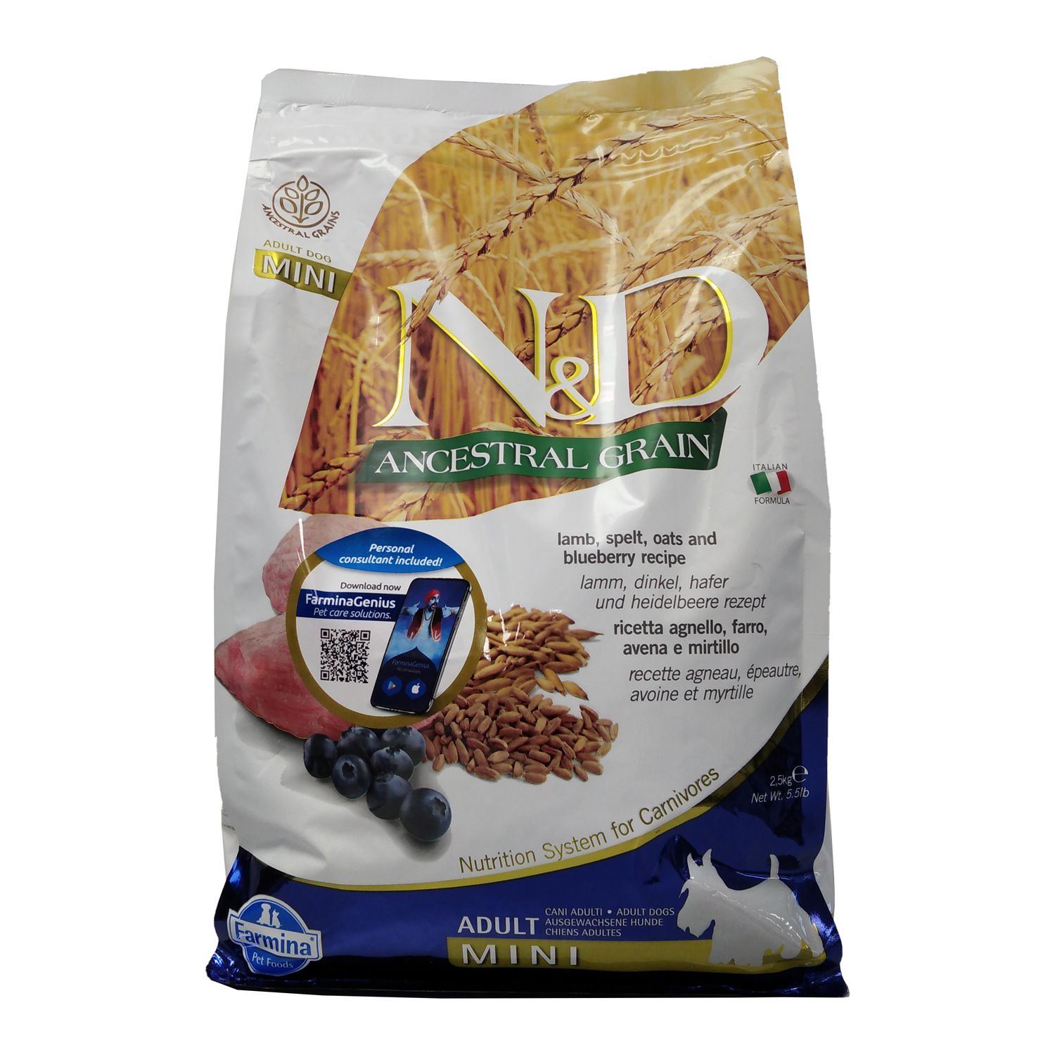 Beutel Trockenfutter. Aufdruck: N&D Ancestral Grain, Mini, Zutaten, Illustrationen, QR-Code. Italienische Flagge.