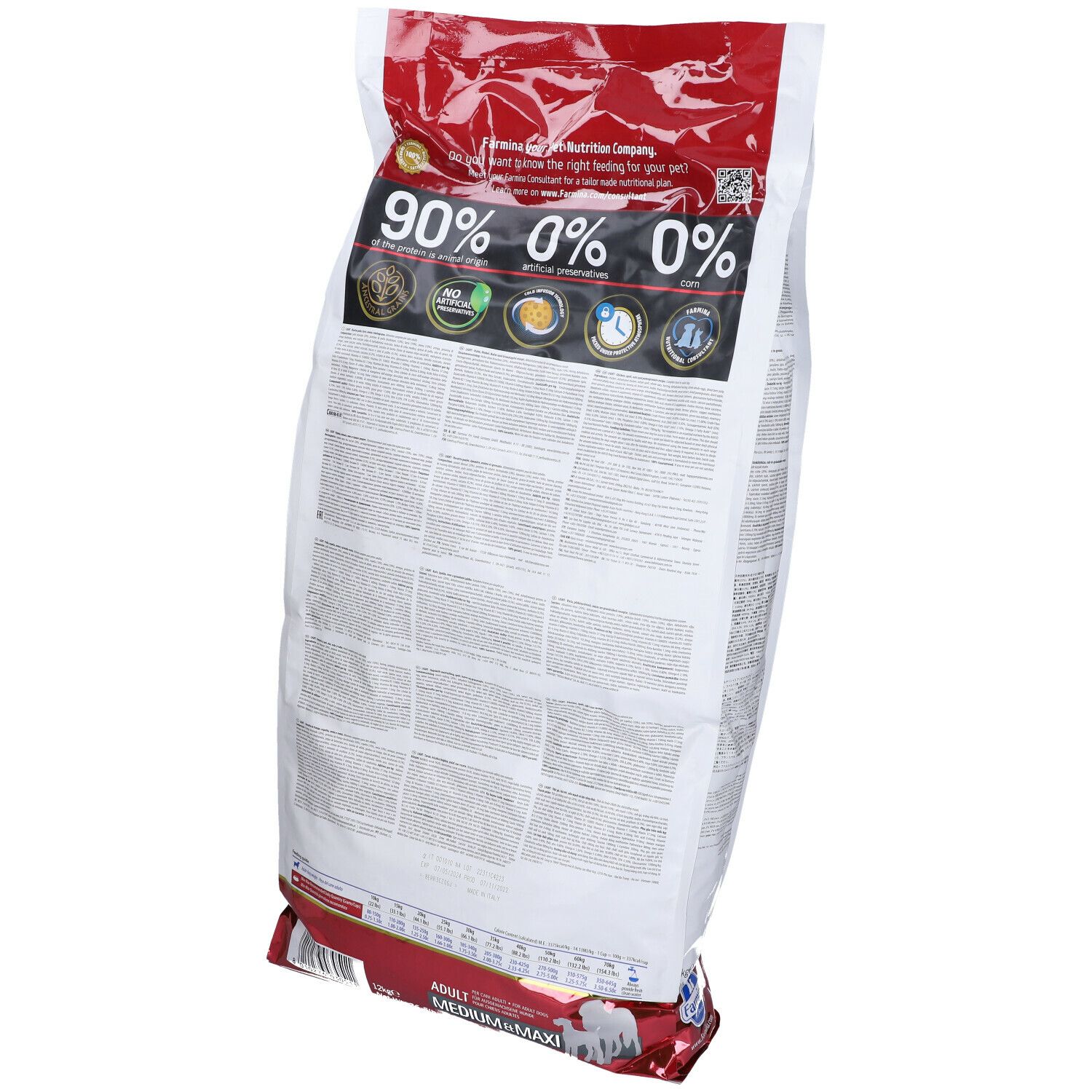 Retro sacchetto Farmina N&D Ancestral Grain. Scritte: 90% origine animale, 0% conservanti artificiali, 0% cereali.