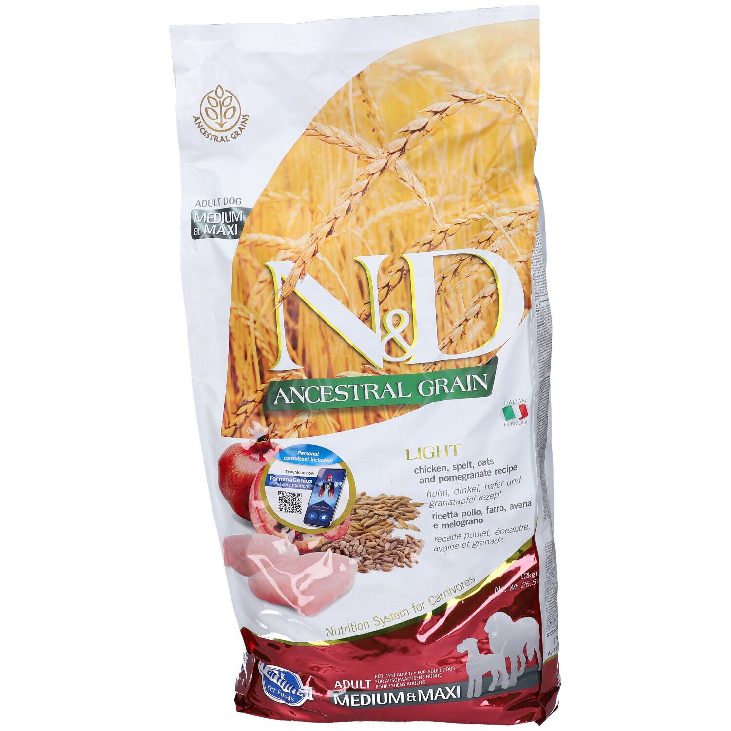 Sacchetto Farmina N&D Ancestral Grain. Pollo, farro, avena, melograno. Per cani adulti, Medium/Maxi.