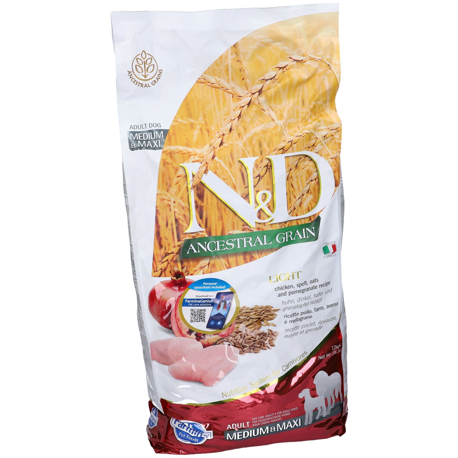 Sacchetto Farmina N&D Ancestral Grain. Pollo, farro, avena, melograno. Per cani adulti, Medium/Maxi.