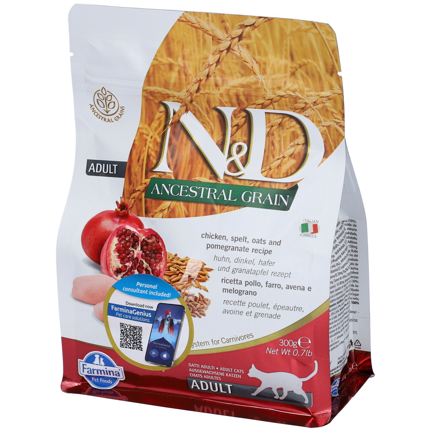 Confezione di cibo per gatti. N&D Ancestral Grain, Adult. Visibili melograno, cereali e informazioni sul prodotto.