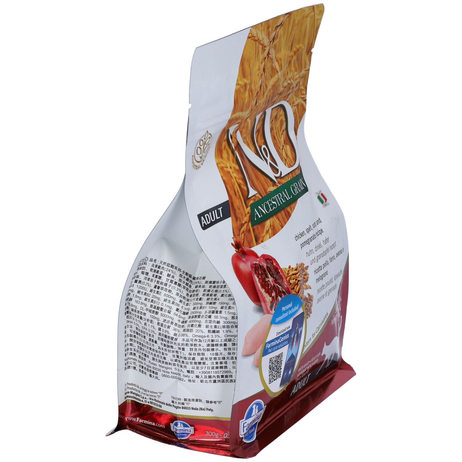 Confezione di cibo per gatti, N&D Ancestral Grain, Adult. Vista laterale. Testo e immagini di melograno e cereali sono visibili.