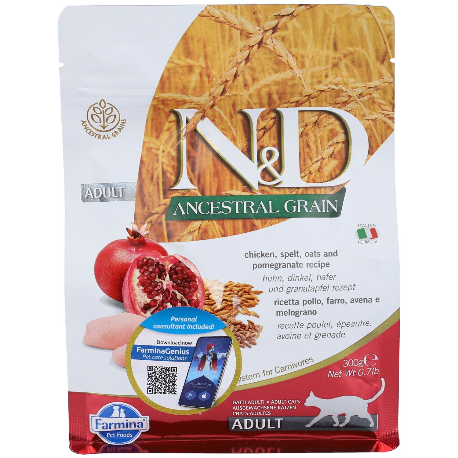 Confezione di cibo per gatti. N&D Ancestral Grain, Adult. Visibili melograno, cereali e informazioni sul prodotto.