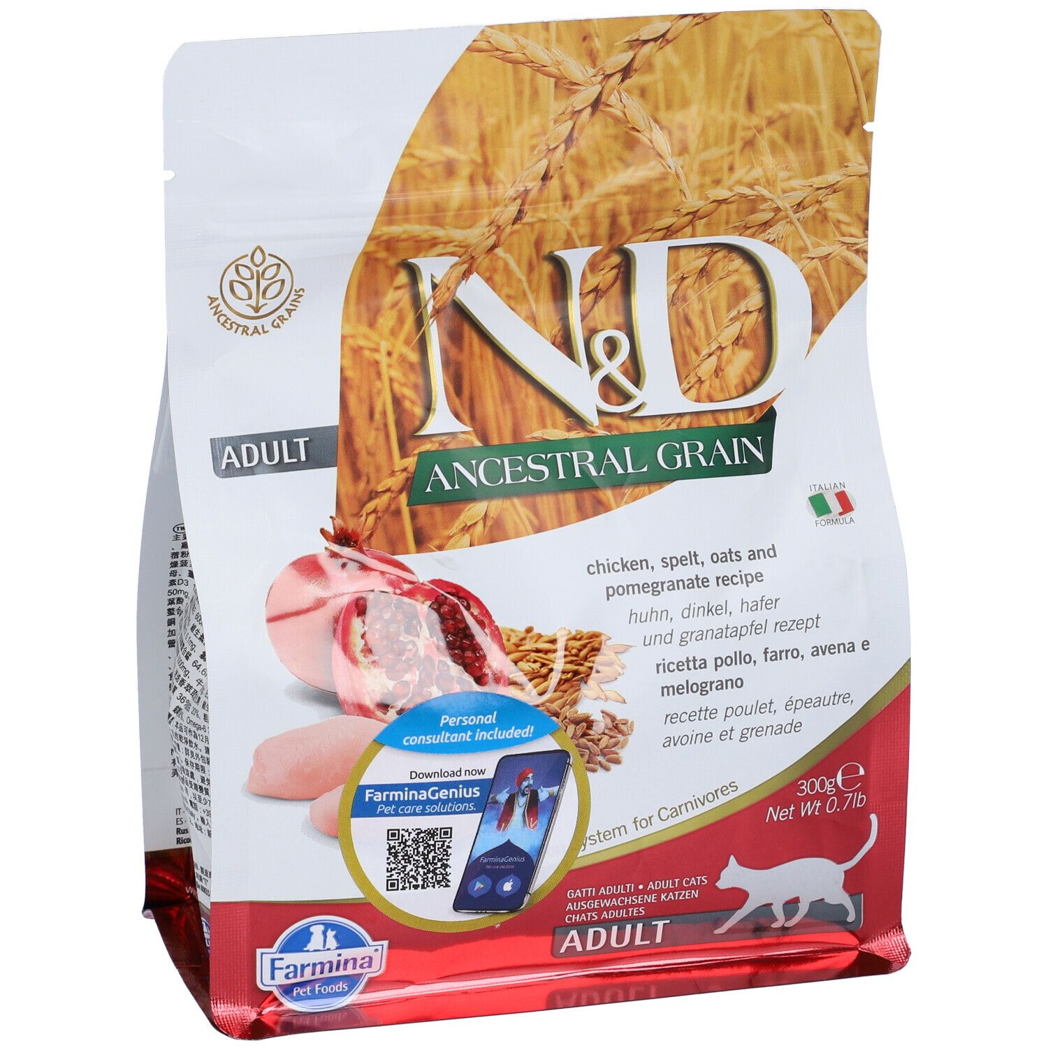 Confezione di cibo per gatti. N&D Ancestral Grain, Adult. Visibili melograno, cereali e informazioni sul prodotto.