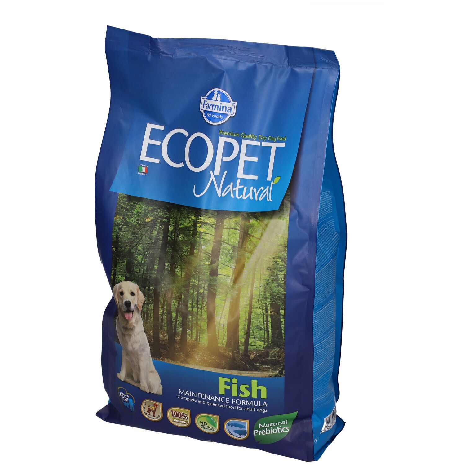 Sacchetto blu "ECOPET Natural Fish". Immagine di un cane e di una foresta. Contiene loghi e testo.