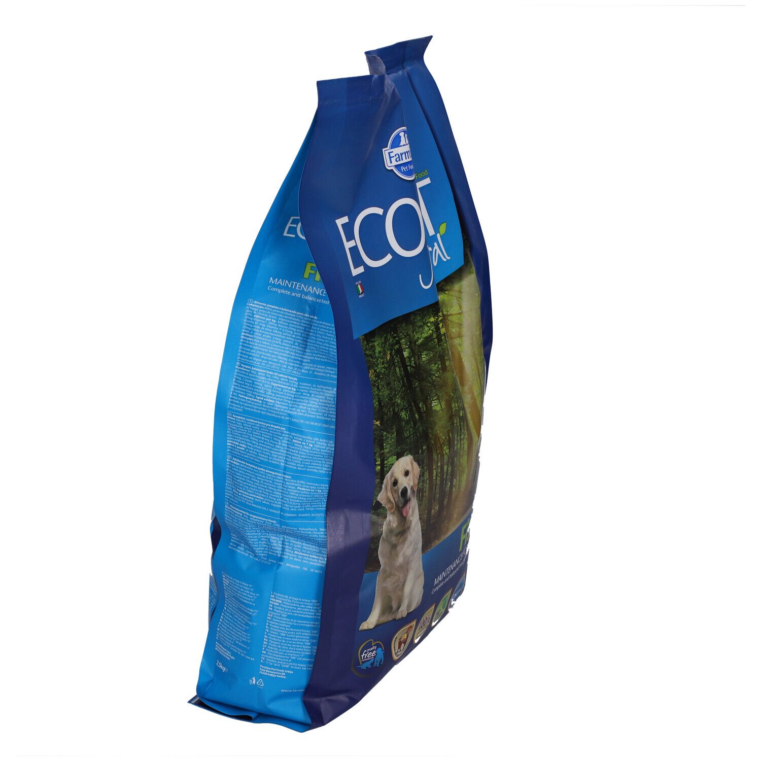 Sacchetto blu, vista laterale. Scritta "ECOPET Natural". Immagine di un cane. Testo e loghi.