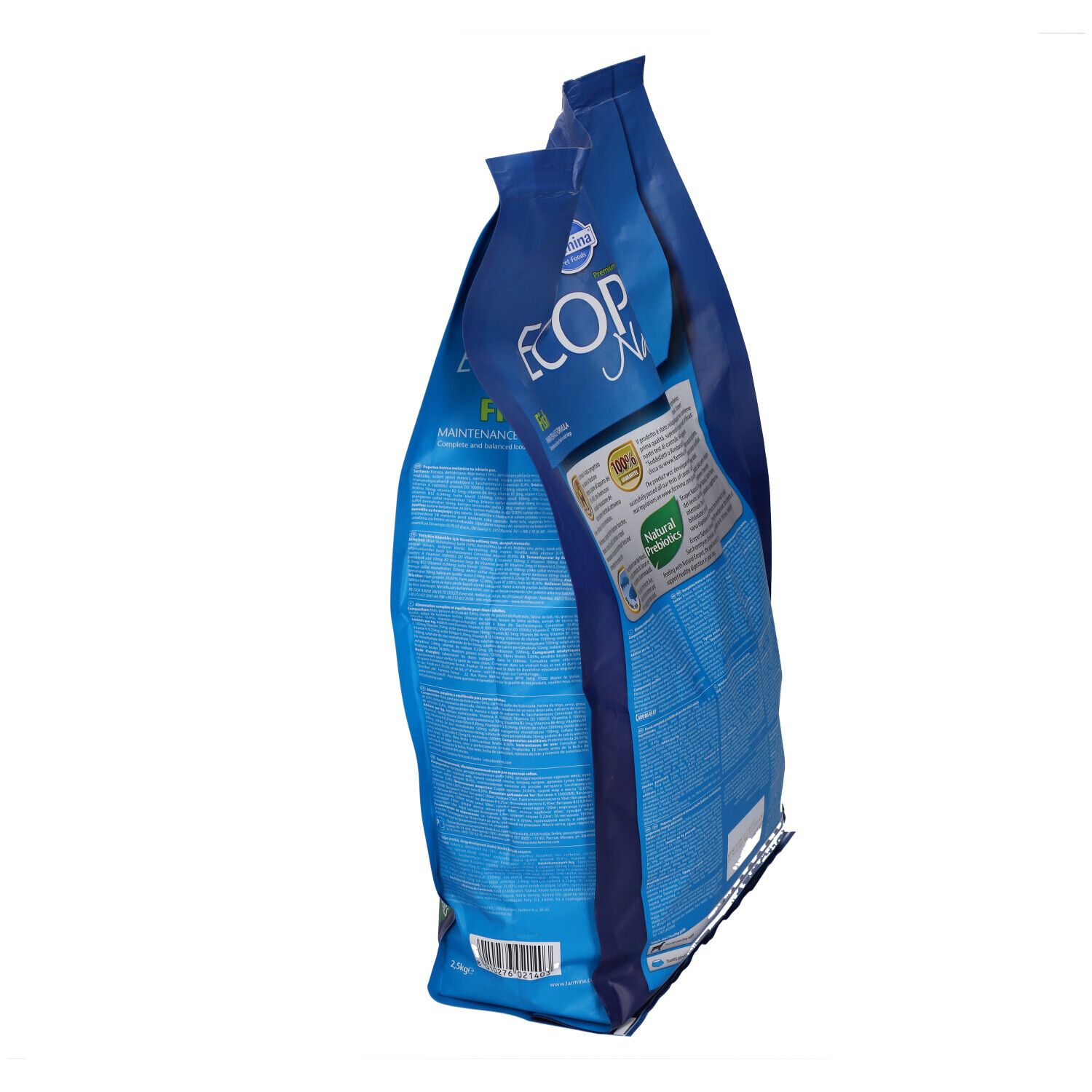 Sacchetto blu, vista laterale. Scritta "ECOPET Natural". Testo e loghi sul retro.
