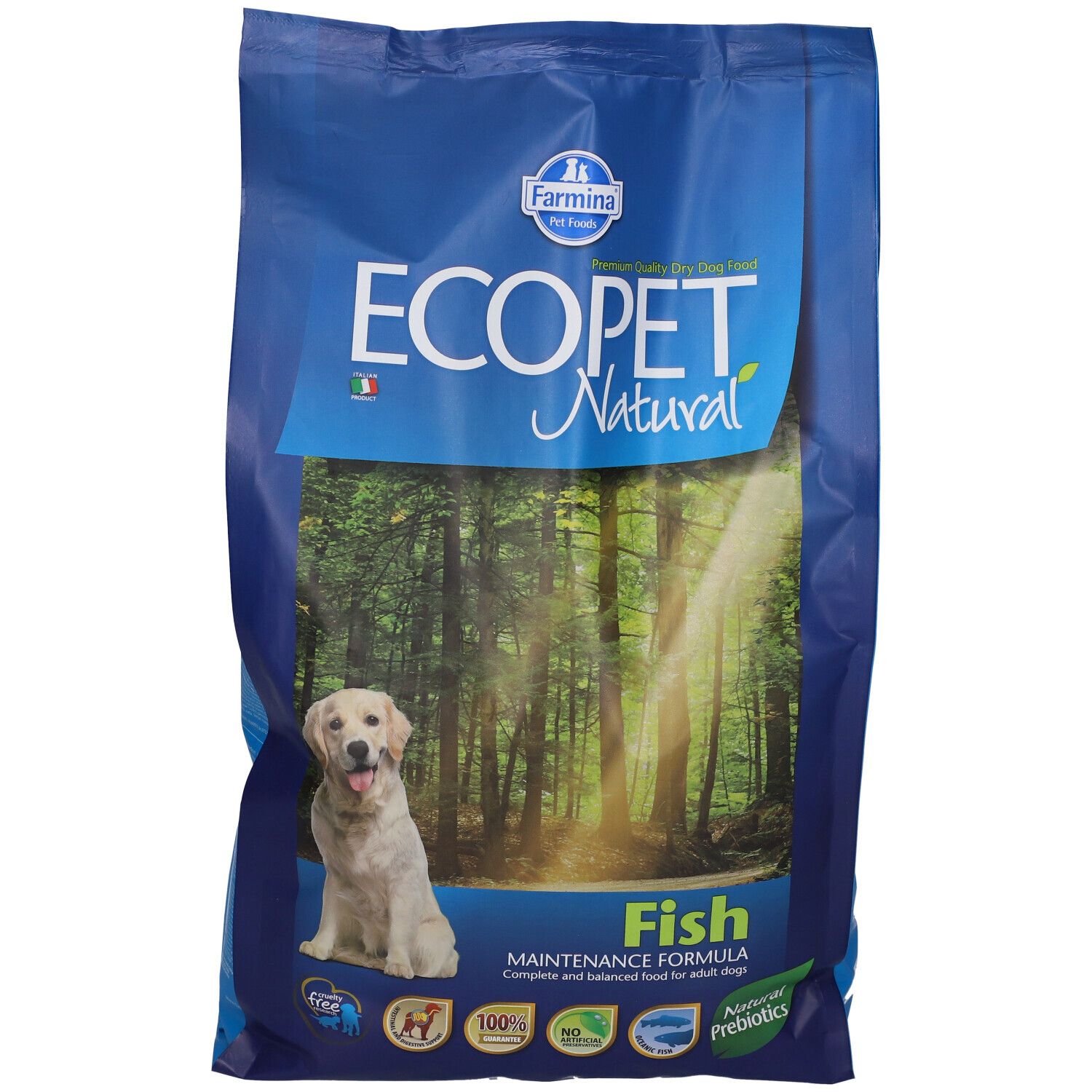 Sacchetto blu "ECOPET Natural Fish". Immagine di un cane e foresta. Loghi.