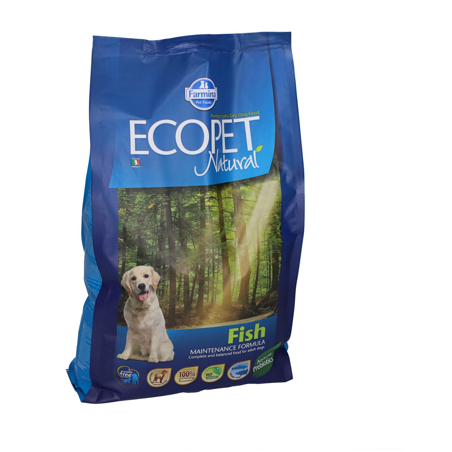 Sacchetto blu "ECOPET Natural Fish". Immagine di un cane e foresta. Loghi.