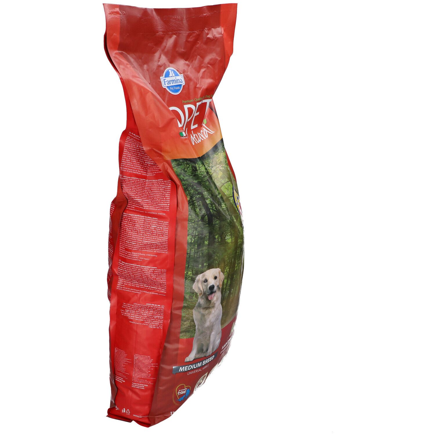 Sacchetto rosso con stampa Ecopet Natural. Vista laterale. Testo sulla confezione.