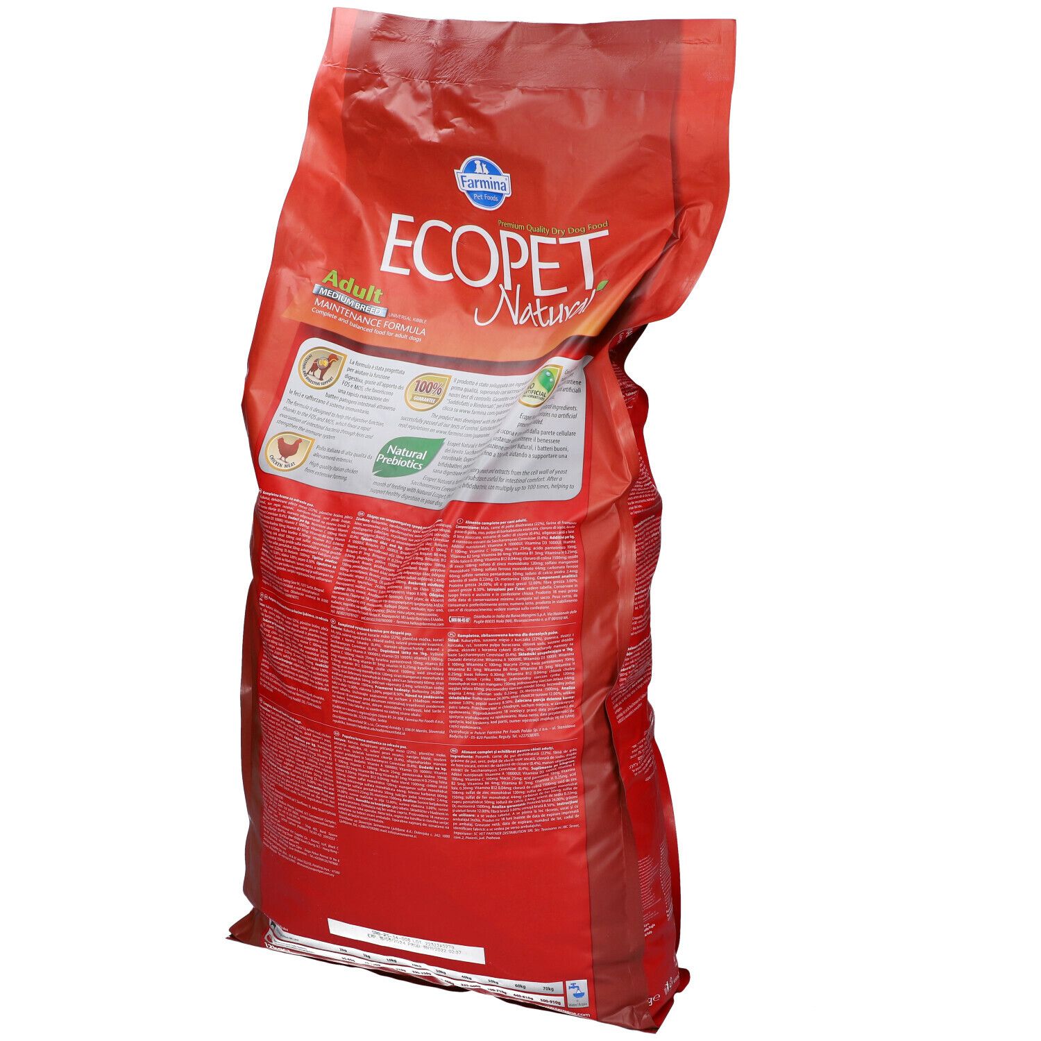 Sacchetto rosso con stampa Ecopet Natural. Testo e loghi sulla confezione.