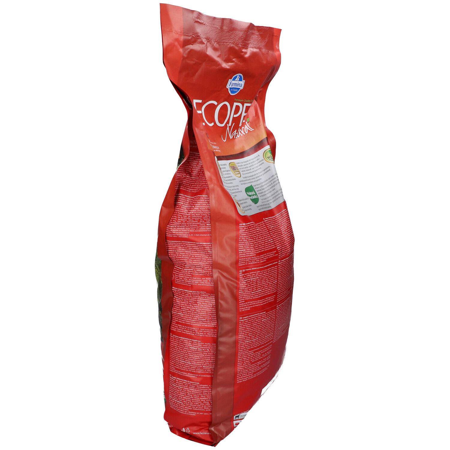 Sacchetto rosso con stampa Ecopet Natural. Vista laterale. Testo sulla confezione.