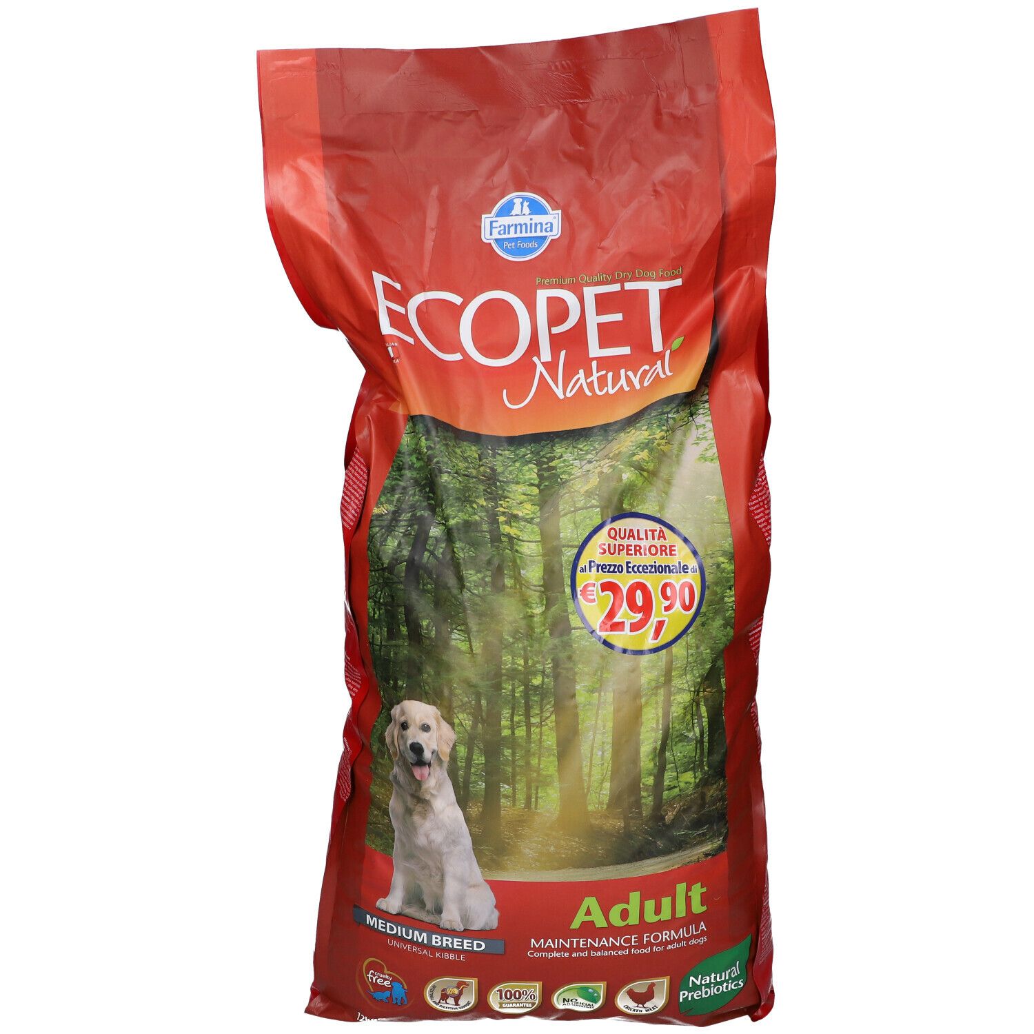 Sacchetto rosso con stampa Ecopet Natural. Cane davanti a una foresta. Prezzo: 29,90.