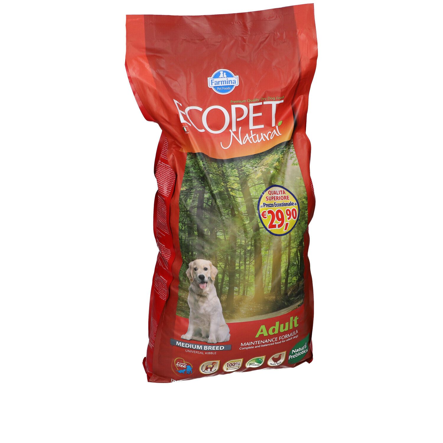 Sacchetto rosso con stampa Ecopet Natural. Cane davanti a una foresta. Prezzo: 29,90.