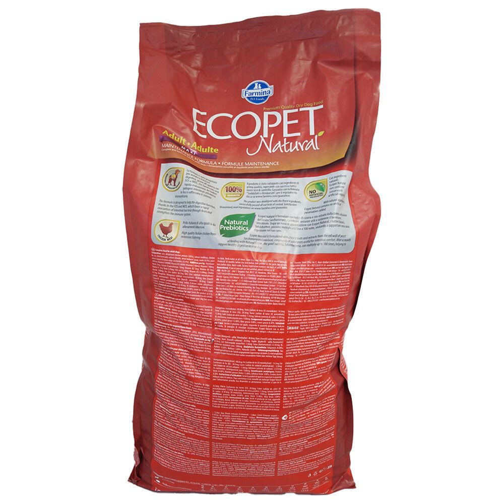 Sacco rosso con scritta ECOPET Natural. Retro con testo e loghi, tra cui Natural Probiotics.
