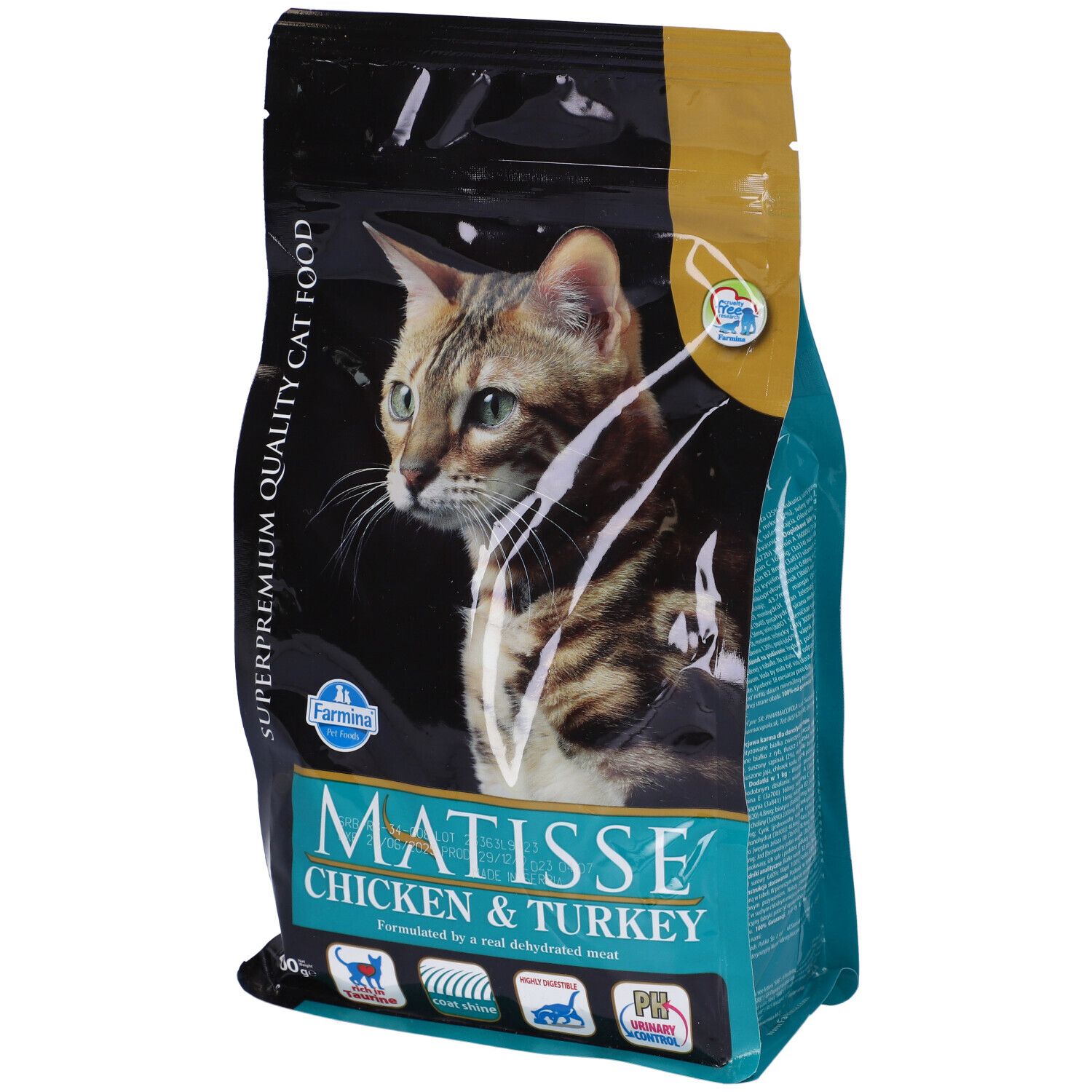 Confezione di cibo per gatti. Scritta: Matisse Chicken & Turkey. Immagine di un gatto. Logo Farmina. Colori blu, nero e oro.