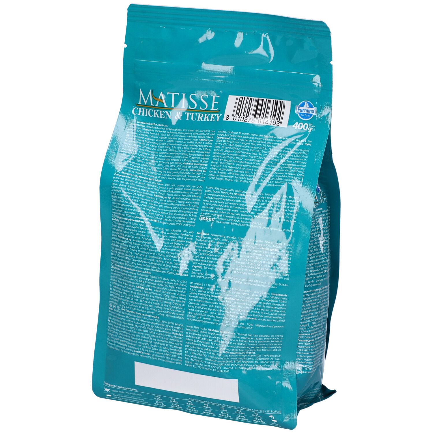 Retro della confezione di cibo per gatti. Testo e codice a barre. Colori blu e bianco. Marchio Matisse Chicken & Turkey.