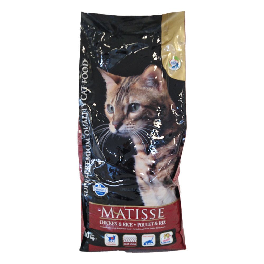 Sacchetto di cibo per gatti. Stampa: gatto, Matisse, pollo e riso. Sfondo nero, testo rosso. 10 kg.