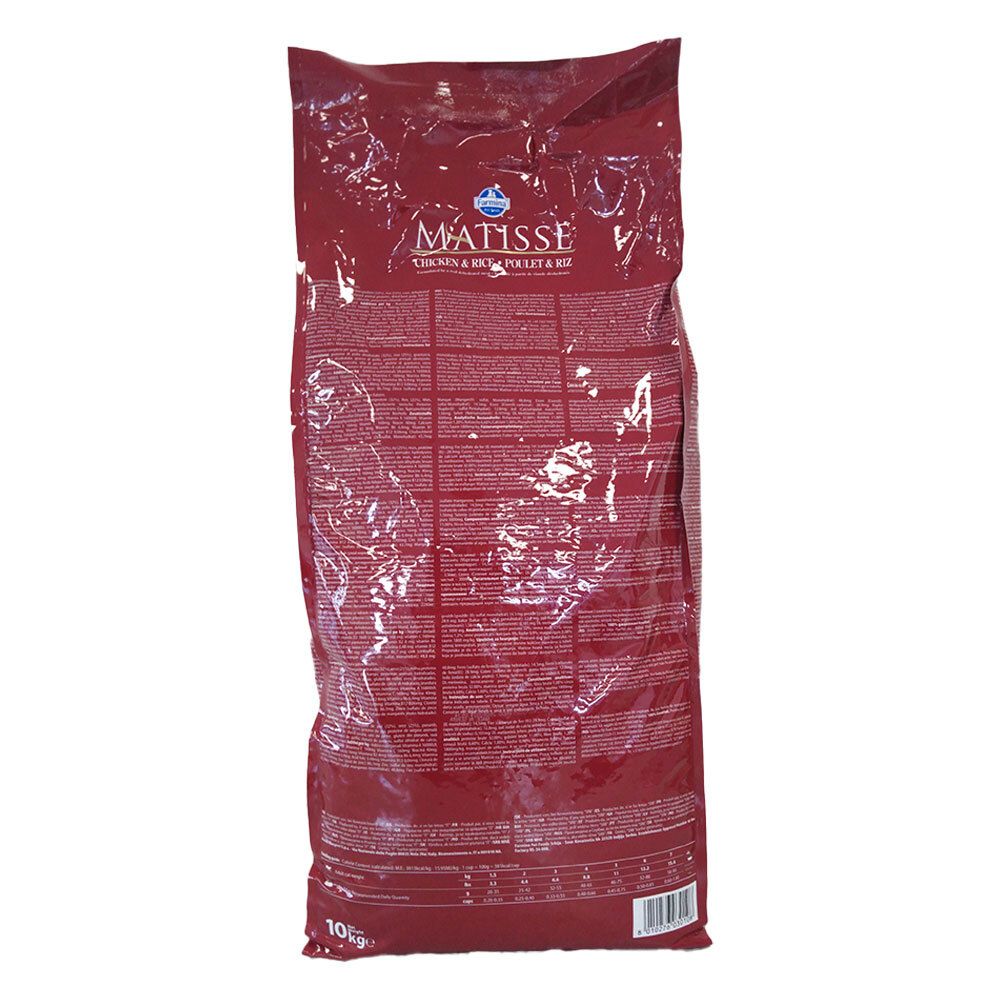 Retro del sacco di cibo per gatti. Confezione rossa con testo. Matisse, pollo e riso, 10 kg.