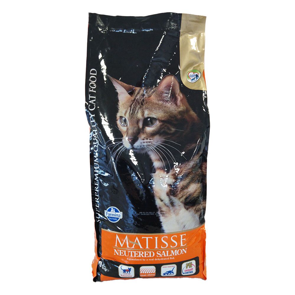 Sacchetto Farmina Matisse Neutered al salmone. Immagine di gatto. Testo: Matisse Neutered Salmon, Super Premium Quality Cat Food.