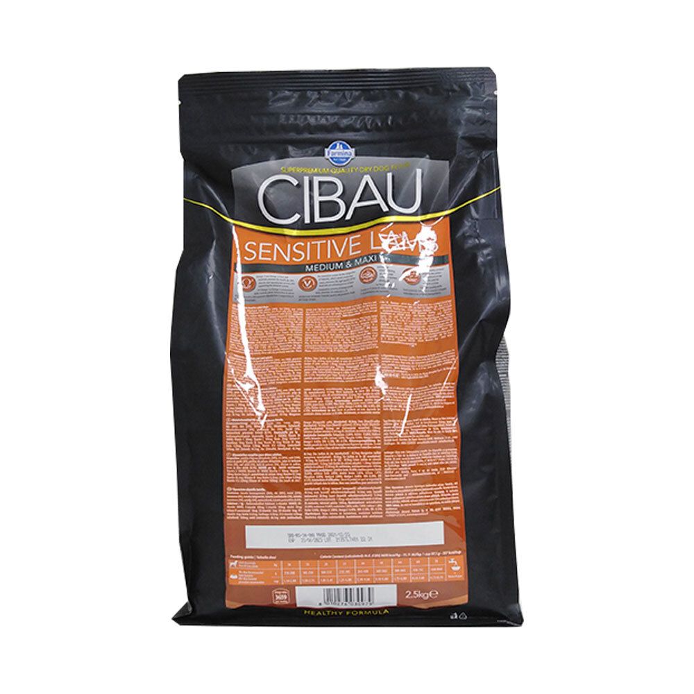 Confezione di cibo per cani CIBAU Sensitive Lamb. Retro con testo e informazioni nutrizionali. Confezione nera.