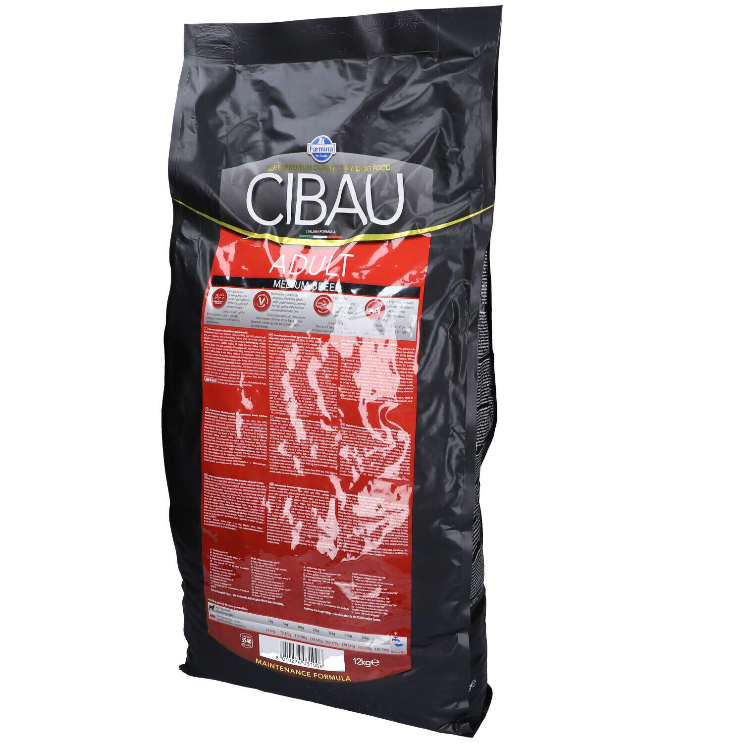 Confezione nera con nome del prodotto Cibau Adult. Retro con testo. Scritta Medium Breed.