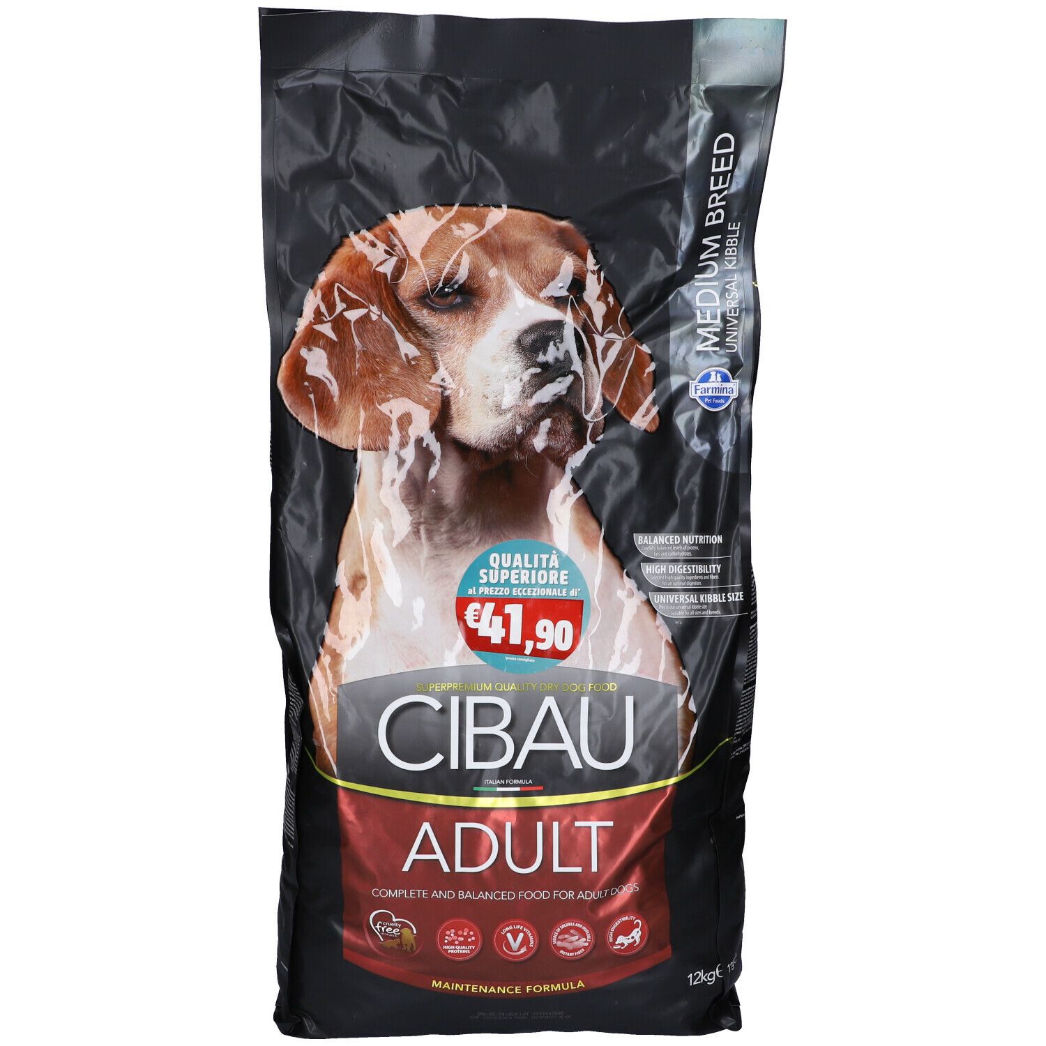 Confezione nera con foto di cane e nome del prodotto Cibau Adult. Etichetta prezzo €41,90. Scritta Medium Breed.