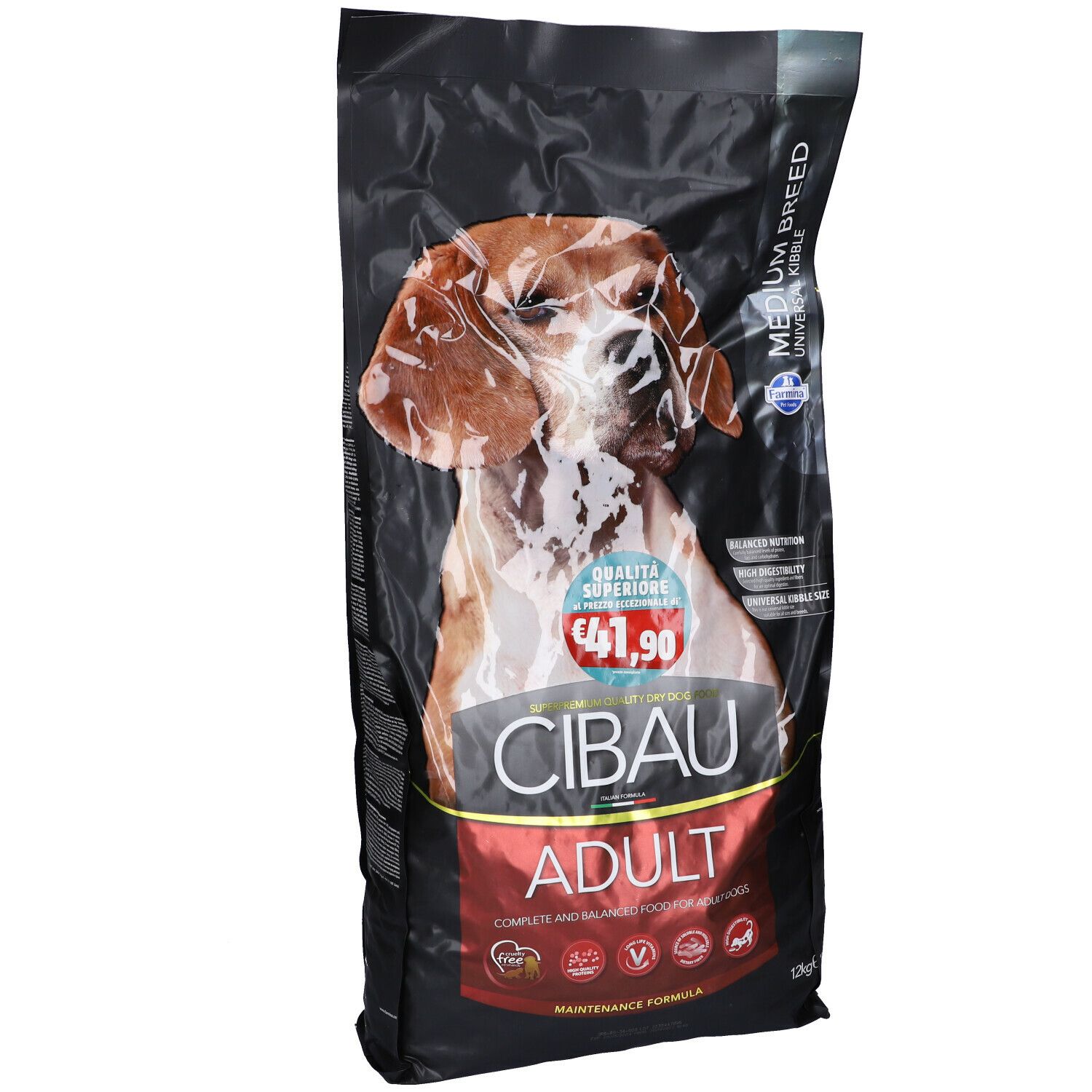 Confezione nera con foto di cane e nome del prodotto Cibau Adult. Etichetta prezzo €41,90. Scritta Medium Breed.
