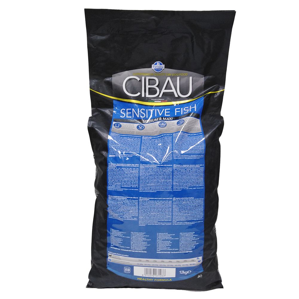 Sacchetto nero con scritta CIBAU Sensitive Fish. Retro con informazioni sul prodotto in blu.