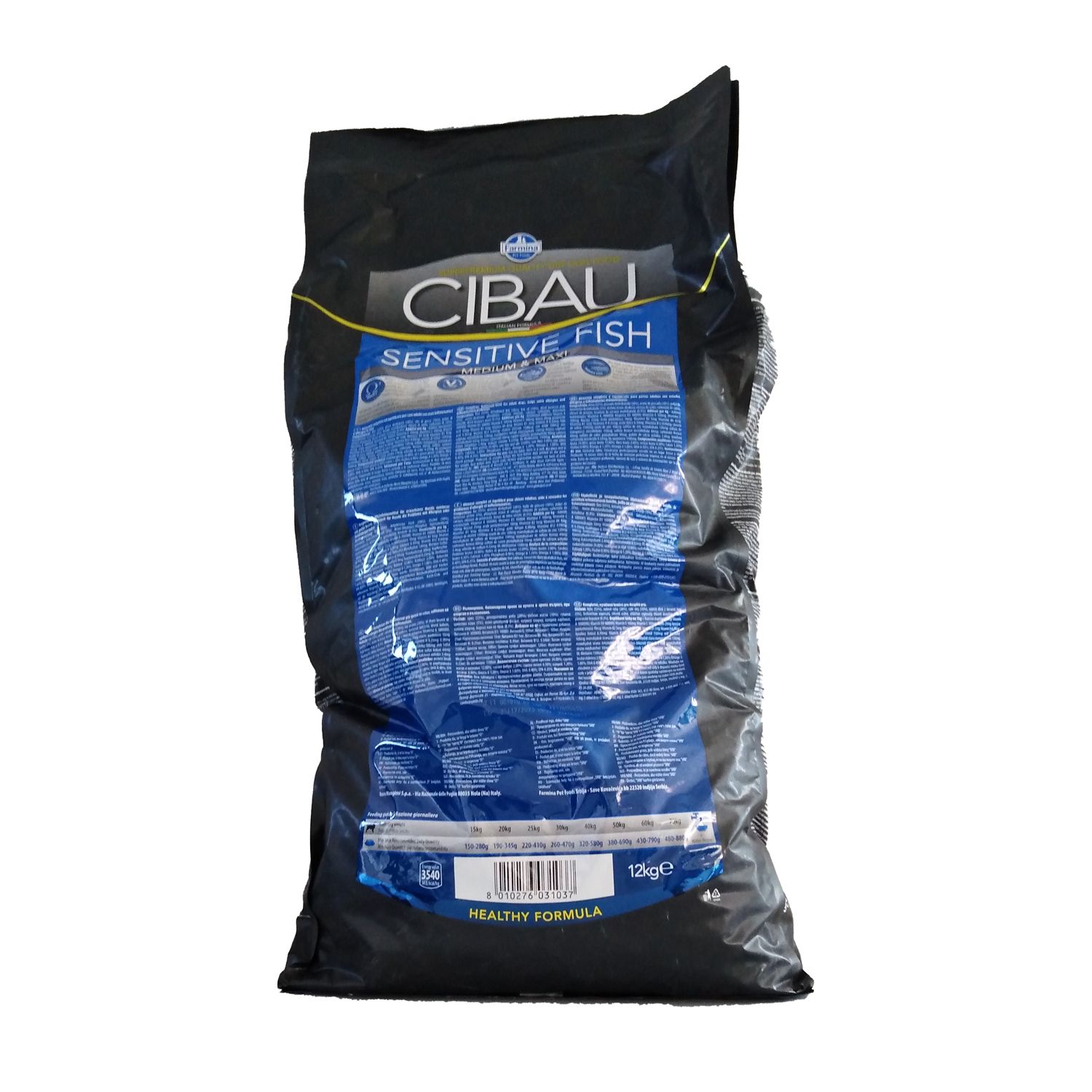 Sacchetto nero con scritta CIBAU Sensitive Fish. Retro con informazioni sul prodotto in blu.