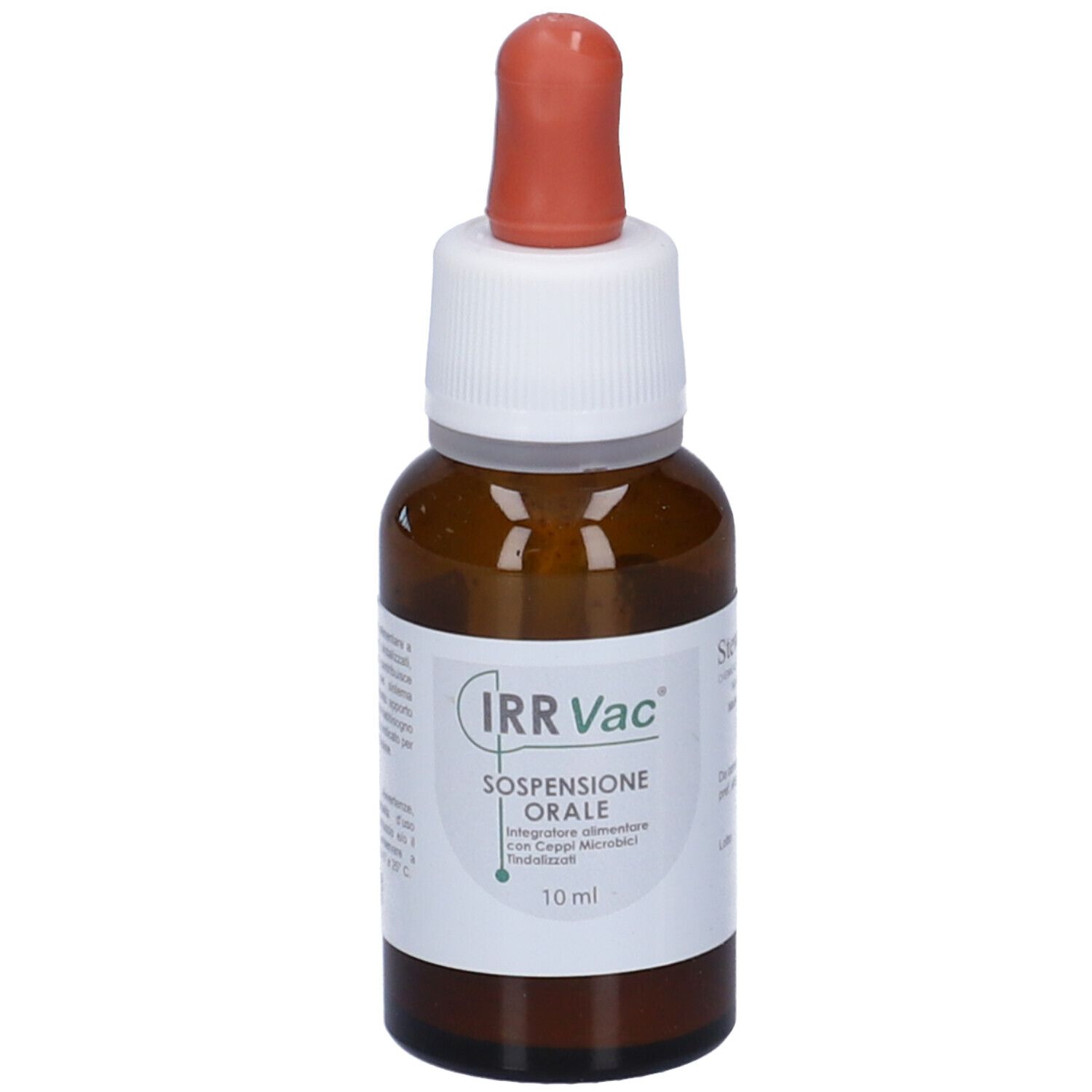 Flacone di vetro marrone con tappo bianco e contagocce rosso. Etichetta: IRR Vac, Sospensione Orale, 10 ml.