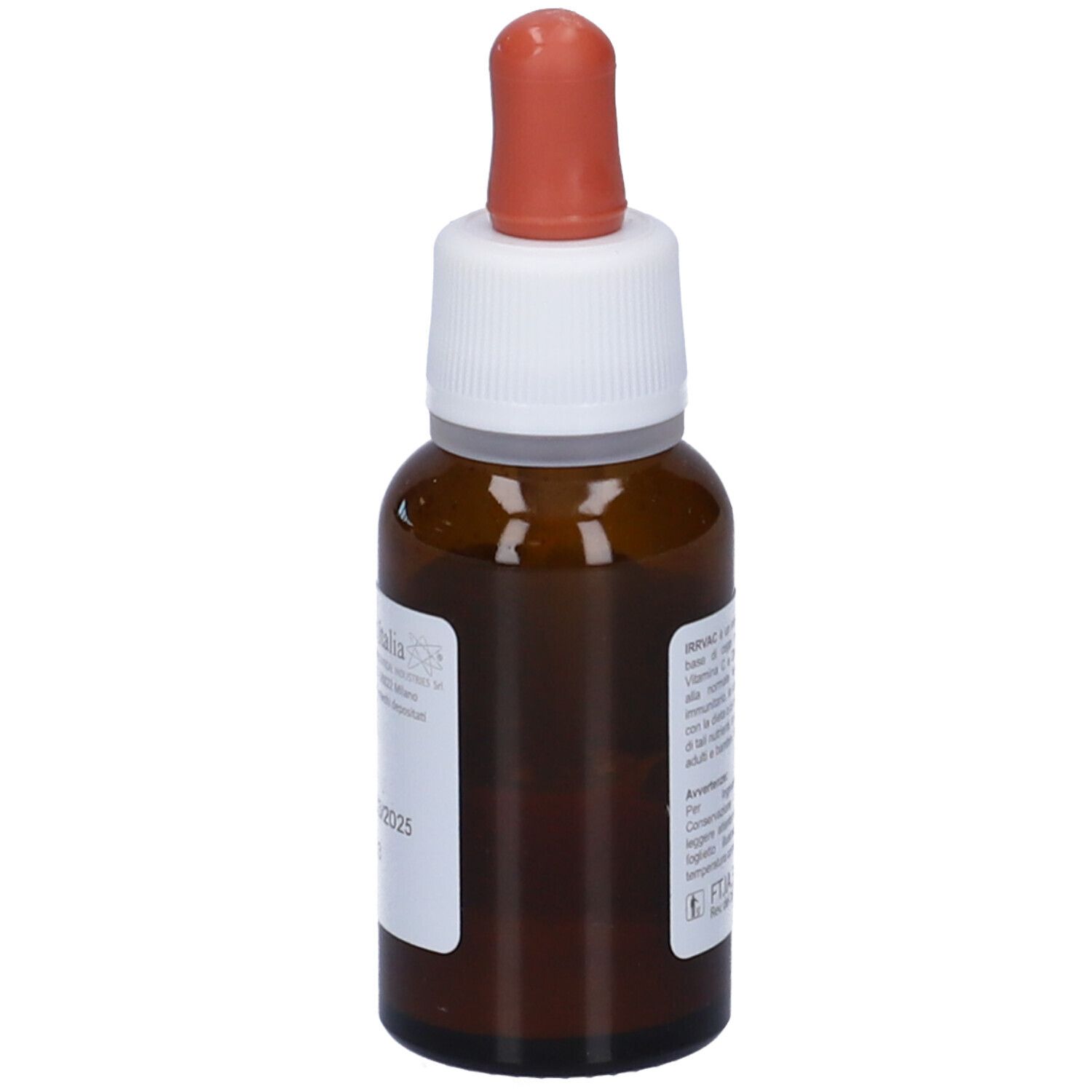 Flacone di vetro marrone con tappo bianco e contagocce rosso. Vista laterale con etichetta.