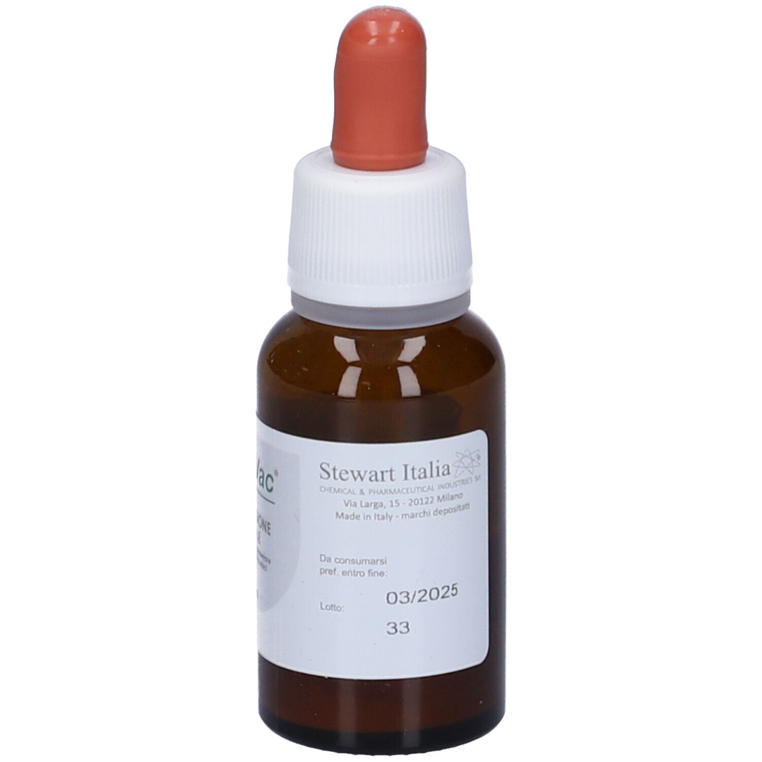 Flacone di vetro marrone con tappo bianco e contagocce rosso. Etichetta con informazioni produttore e scadenza.