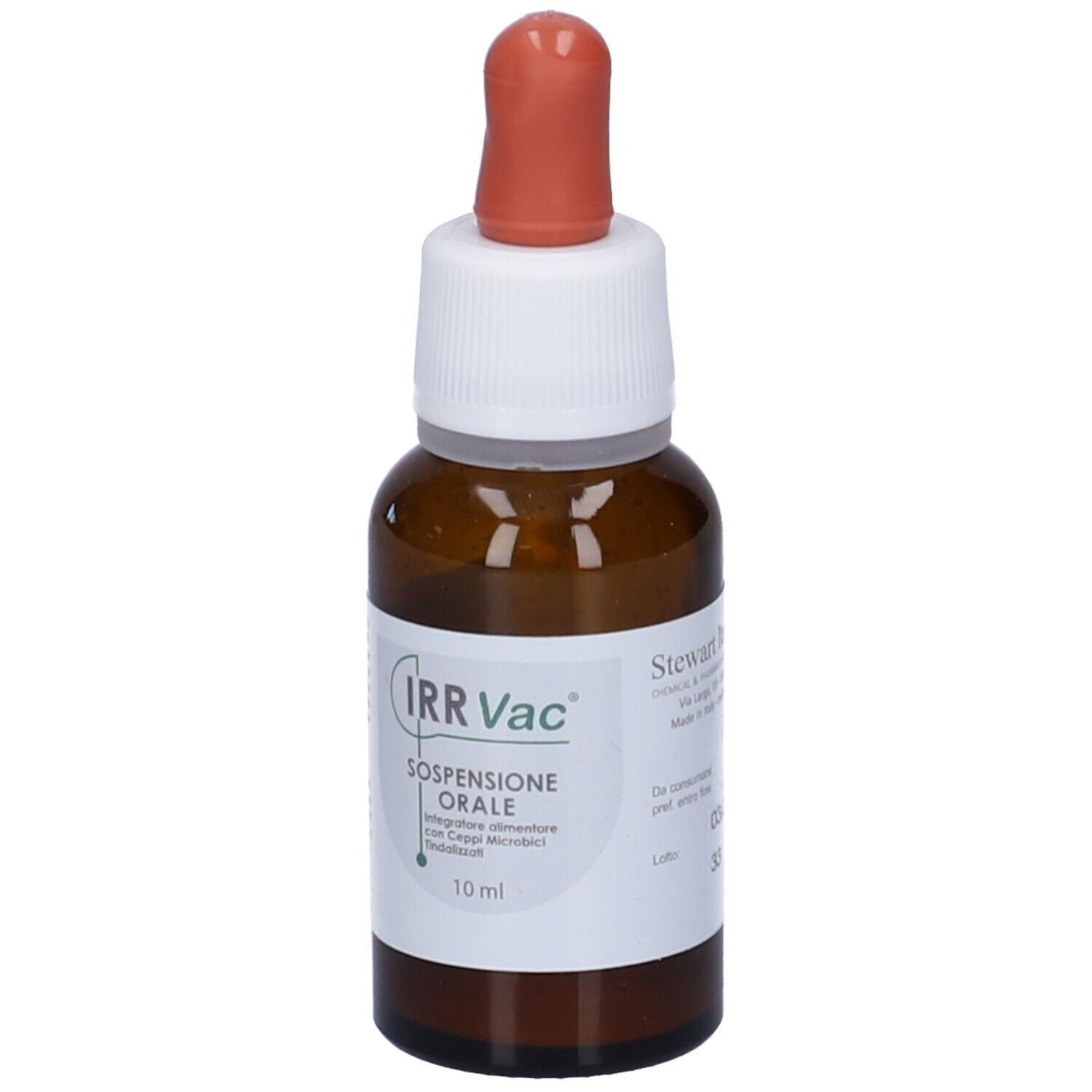 Flacone di vetro marrone con tappo bianco e contagocce rosso. Etichetta: IRR Vac, Sospensione Orale, 10 ml.