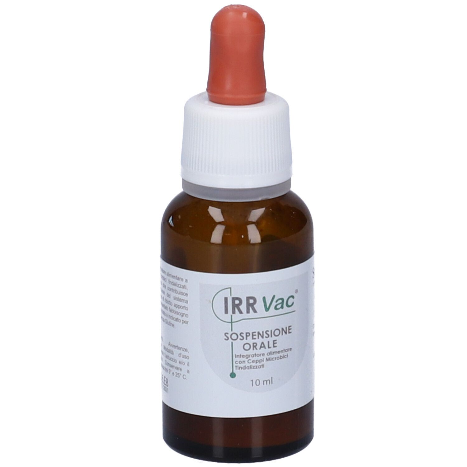 Flacone di vetro marrone con tappo bianco e contagocce rosso. Etichetta: IRR Vac, Sospensione Orale, 10 ml.