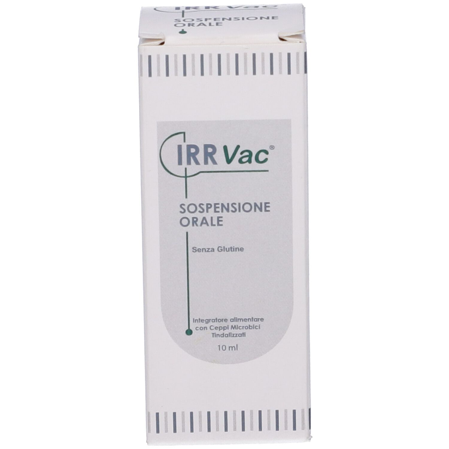 Confezione bianca con scritta: IRR Vac, Sospensione Orale, Senza Glutine, 10 ml.