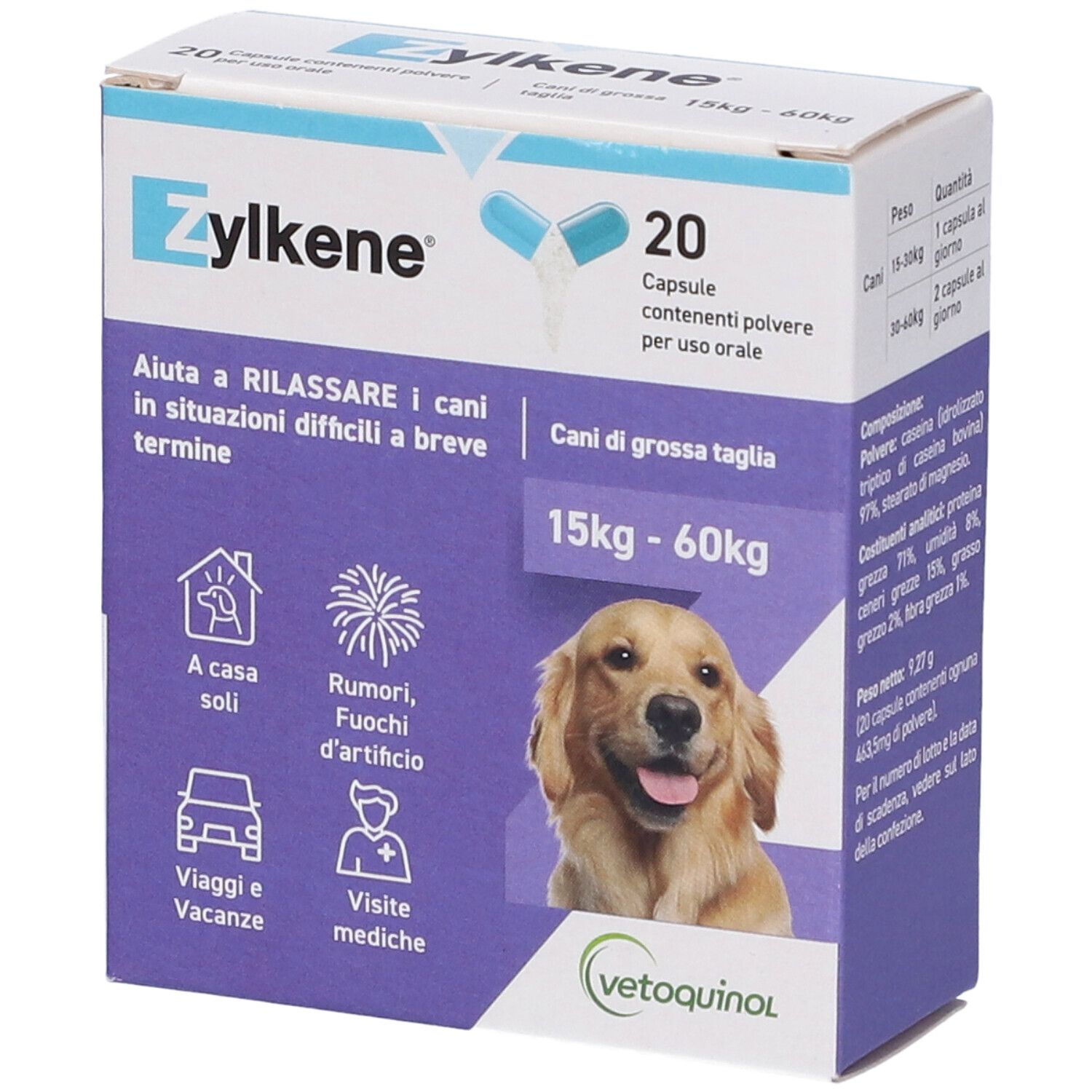Scatola di capsule Zylkene per cani. Contiene 20 capsule. Scritto: 15-60 kg. Foto di cane.