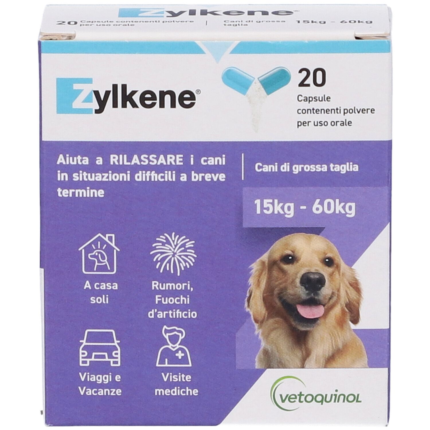 Scatola Zylkene con 20 capsule. Scritto: Per cani 15-60 kg. Foto di cane e logo.