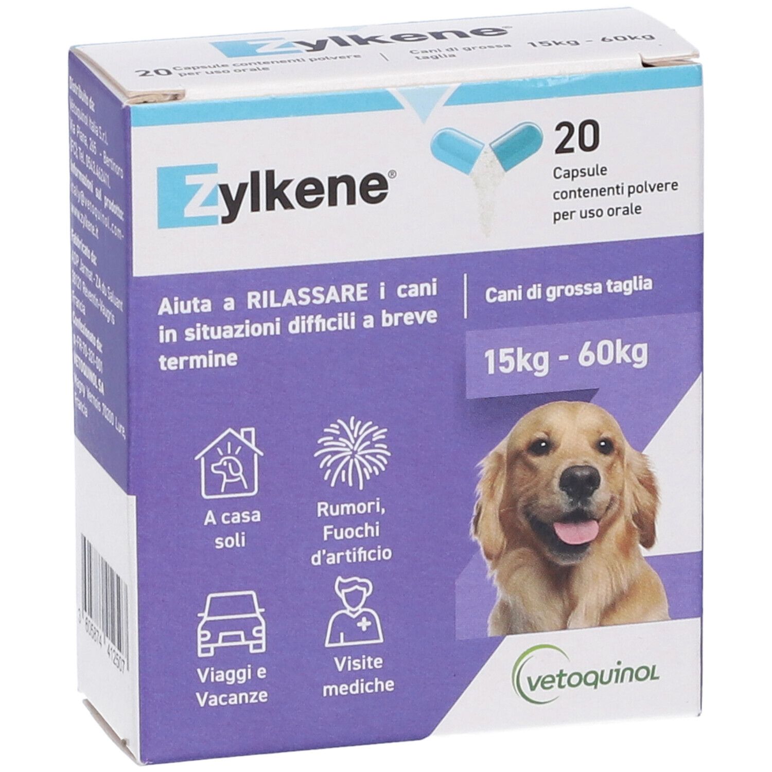 Scatola Zylkene con 20 capsule. Scritto: Per cani 15-60 kg. Foto di cane e logo.