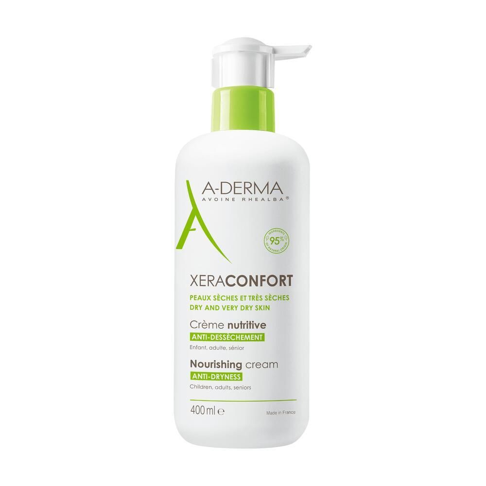 Flacone bianco con dosatore verde. Scritte: A-DERMA, XeraConfort, Crème nutritive, 400 ml.