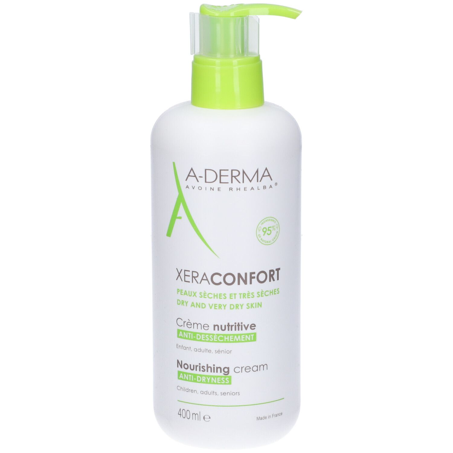 Flacone bianco con dosatore verde. Scritte: A-DERMA, XeraConfort, Crème nutritive, 400 ml.